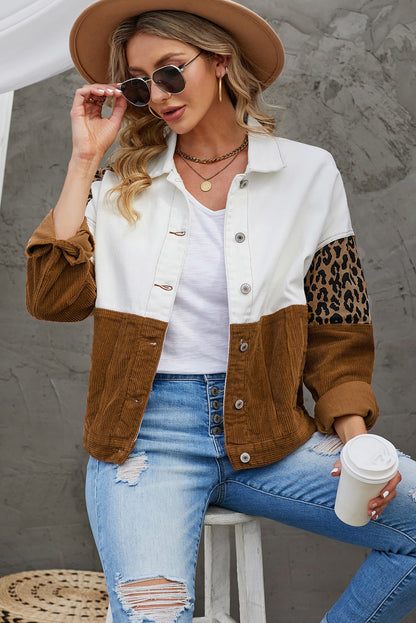 Leopard Color Block Button-Up Corduroy Shacket-Teresa&#39;s Fashionista LLC