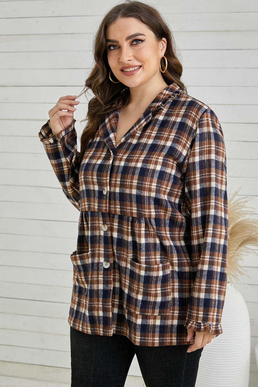 Plus Size Plaid Buttoned Collared Shacket-Teresa&#39;s Fashionista LLC