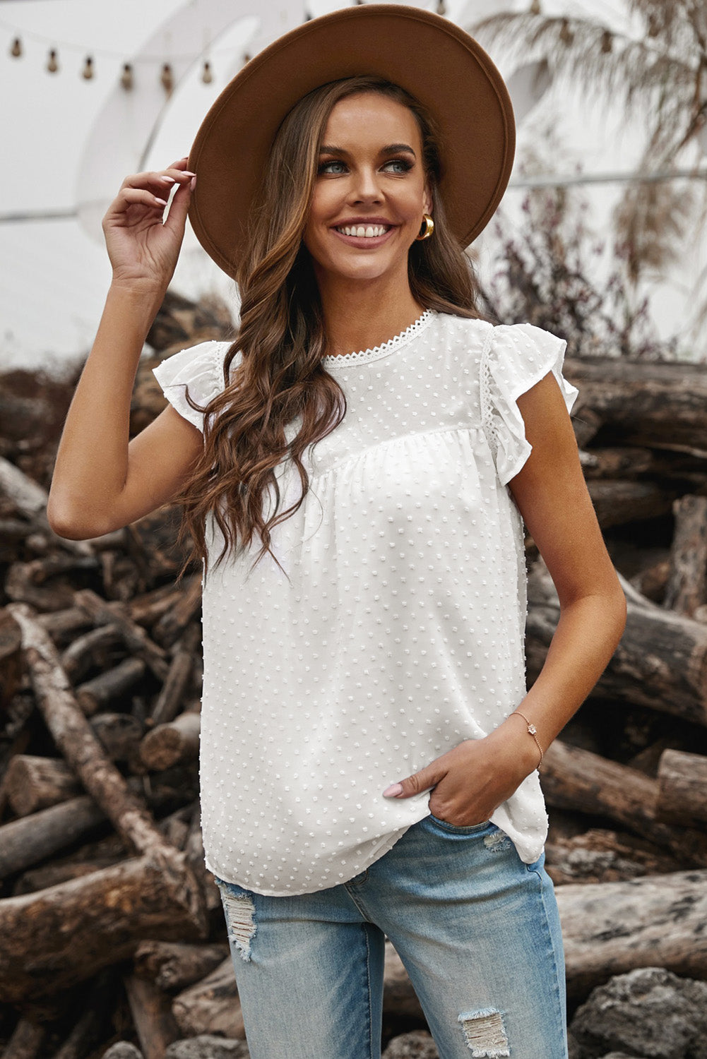 Swiss Dot Flutter Sleeve Round Neck Top-Teresa&#39;s Fashionista LLC