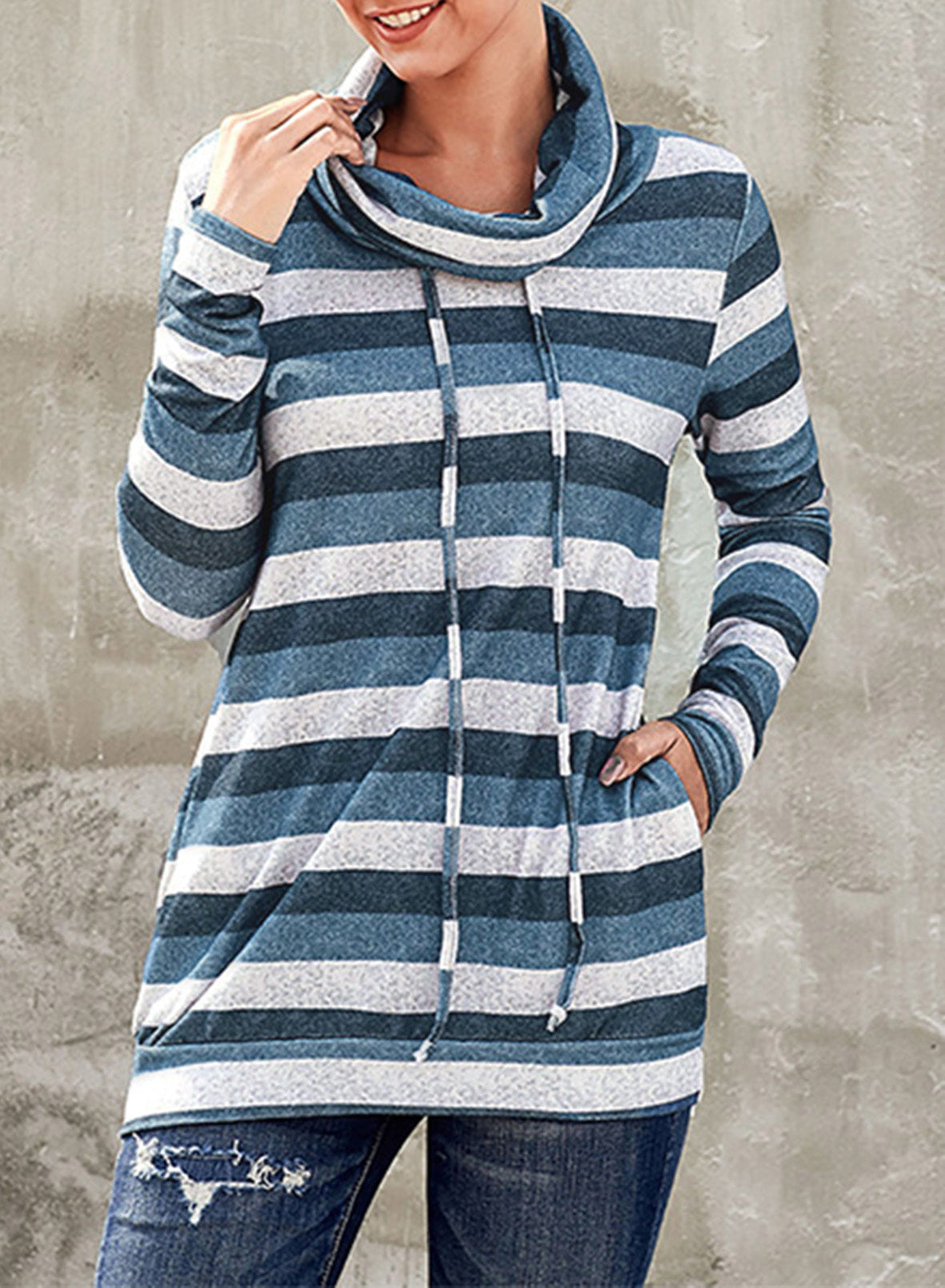 Striped Cowl Neck Tunic Sweatshirt-Teresa&#39;s Fashionista LLC