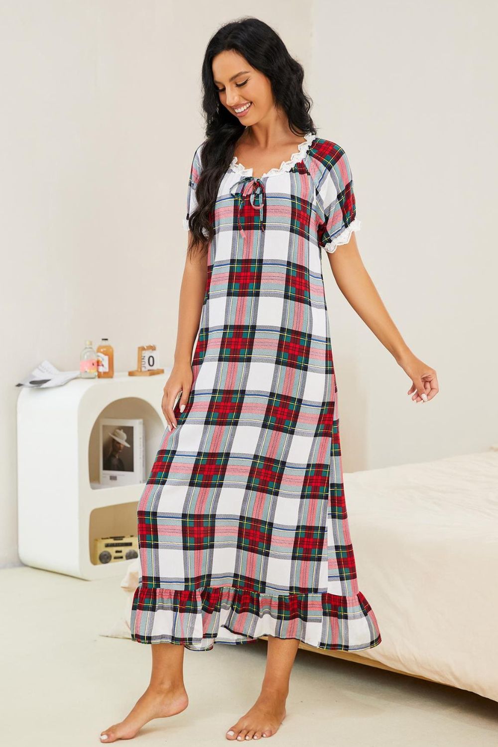 Plaid Lace Trim Ruffle Hem Night Dress-Teresa&#39;s Fashionista LLC