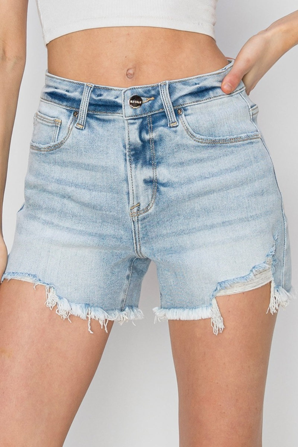 RISEN High Waist Frayed Detail Denim Shorts-Teresa&#39;s Fashionista LLC