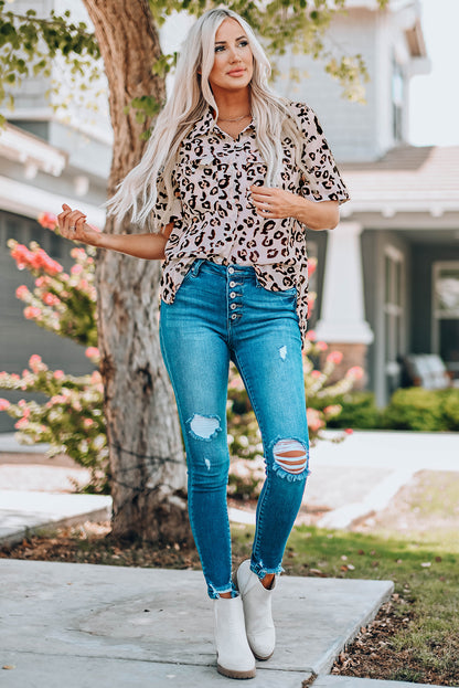 Leopard Button Front Short Sleeve Shirt with Breast Pockets-Teresa&#39;s Fashionista LLC