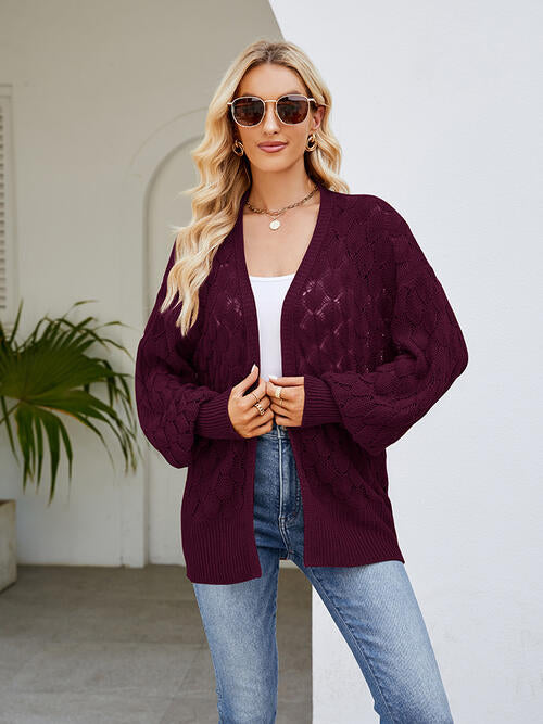 Openwork Open Front Lantern Sleeve Cardigan-Teresa&#39;s Fashionista LLC