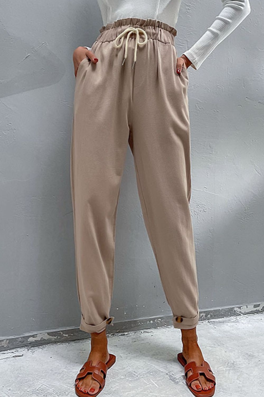 Drawstring Paperbag Waist Button Detail Pants-Teresa&#39;s Fashionista LLC