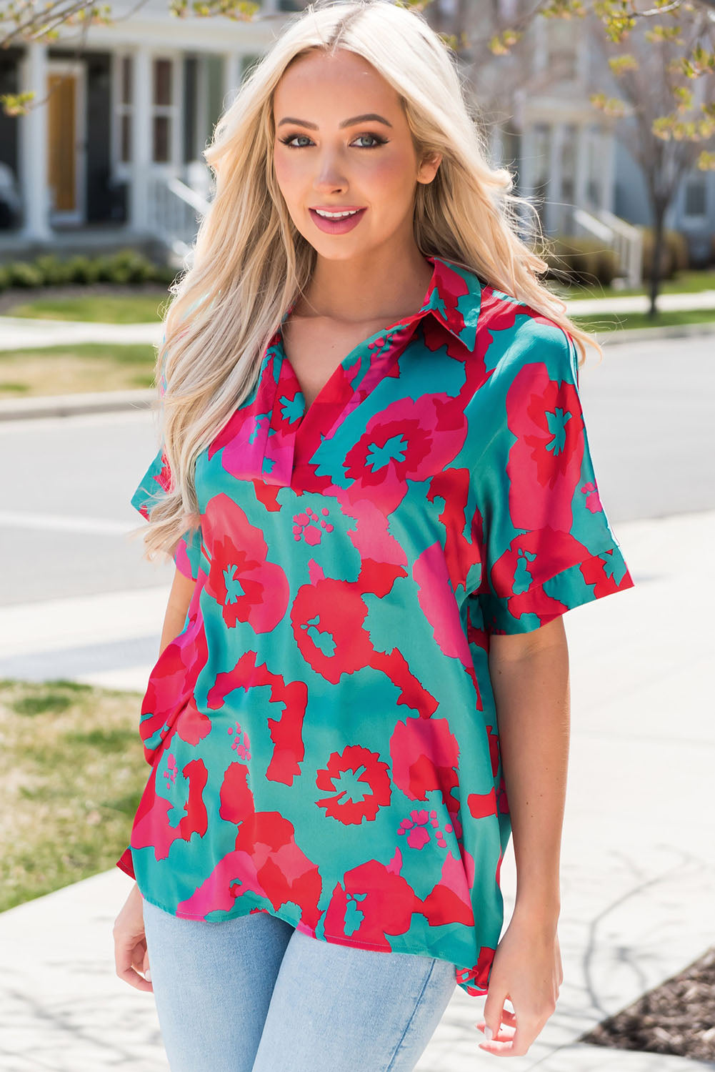 Printed Johnny Collar Short Sleeve Top-Teresa&#39;s Fashionista LLC