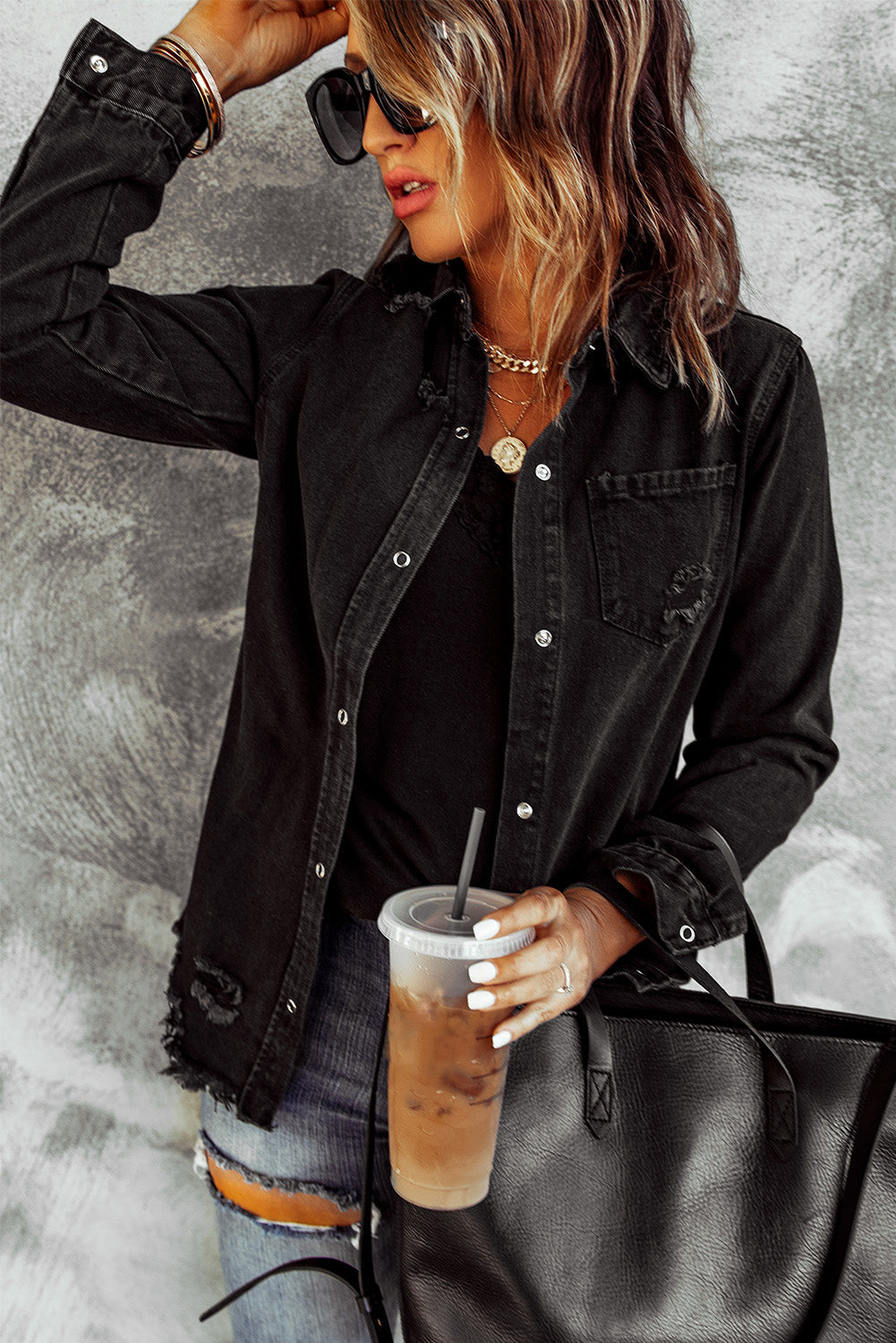 Distressed Snap Down Denim Jacket-Teresa&#39;s Fashionista LLC