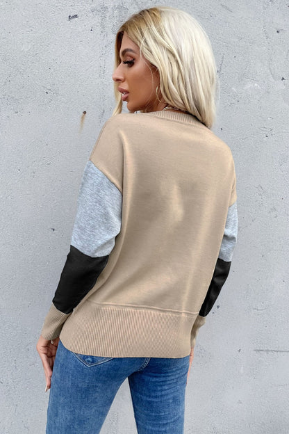 Color Block Ribbed Trim Round Neck Knit Pullover-Teresa&#39;s Fashionista LLC