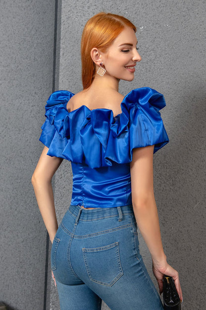 Cropped Ruffle Boat Neck Short Sleeve Blouse-Teresa&#39;s Fashionista LLC