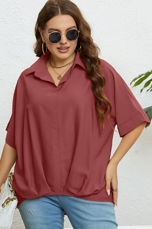 Plus Size Collared Half Sleeve Hem Detail Top-Teresa&#39;s Fashionista LLC