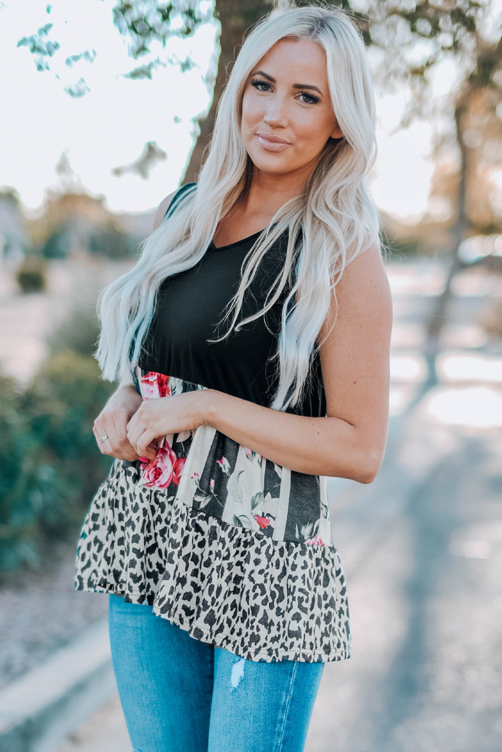 Leopard Floral Color Block V-Neck Tank Top-Teresa&#39;s Fashionista LLC