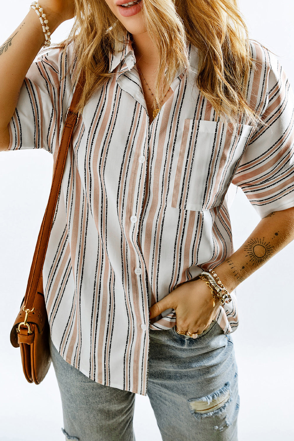 Striped Short Sleeve Shirt with Breast Pocket-Teresa&#39;s Fashionista LLC