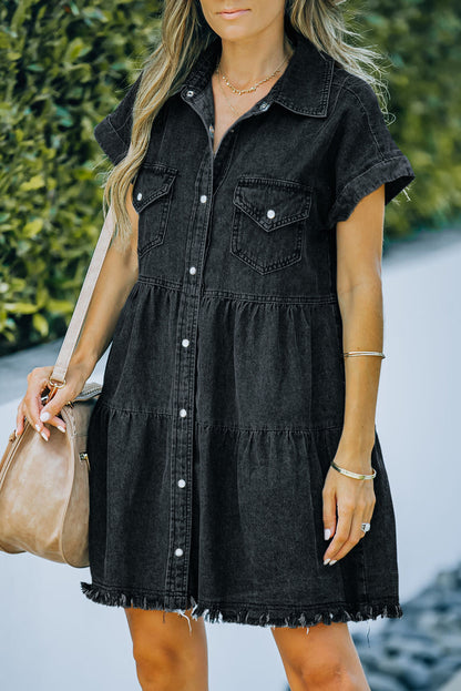 Button Front Raw Hem Denim Dress-Teresa&#39;s Fashionista LLC