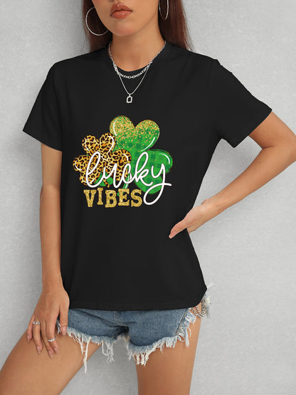 LUCKY VIBES Round Neck Short Sleeve T-Shirt-Teresa&#39;s Fashionista LLC