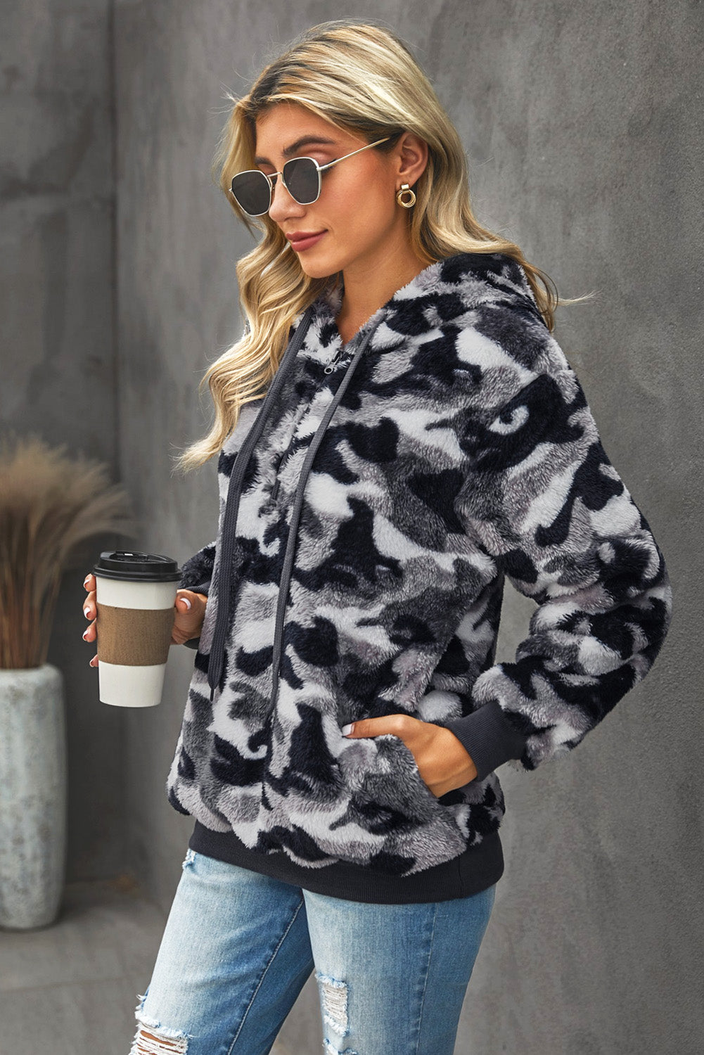 Camouflage Half Zip Fuzzy Hoodie-Teresa&#39;s Fashionista LLC