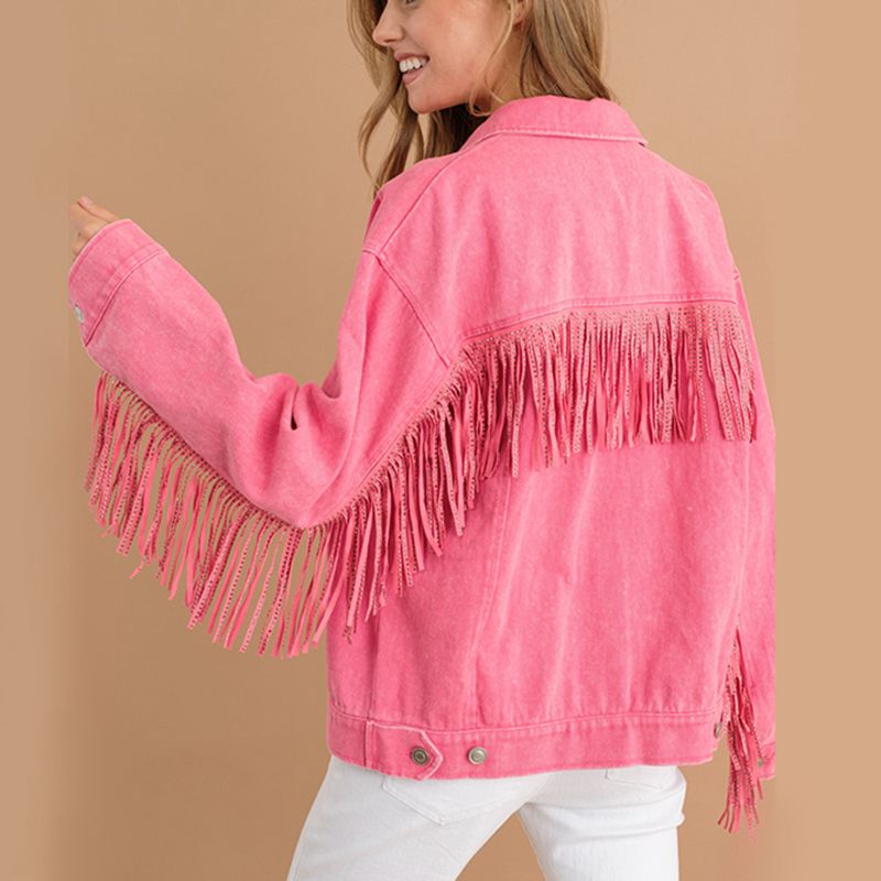 Fringe Detail Dropped Shoulder Denim Jacket-Teresa&#39;s Fashionista LLC