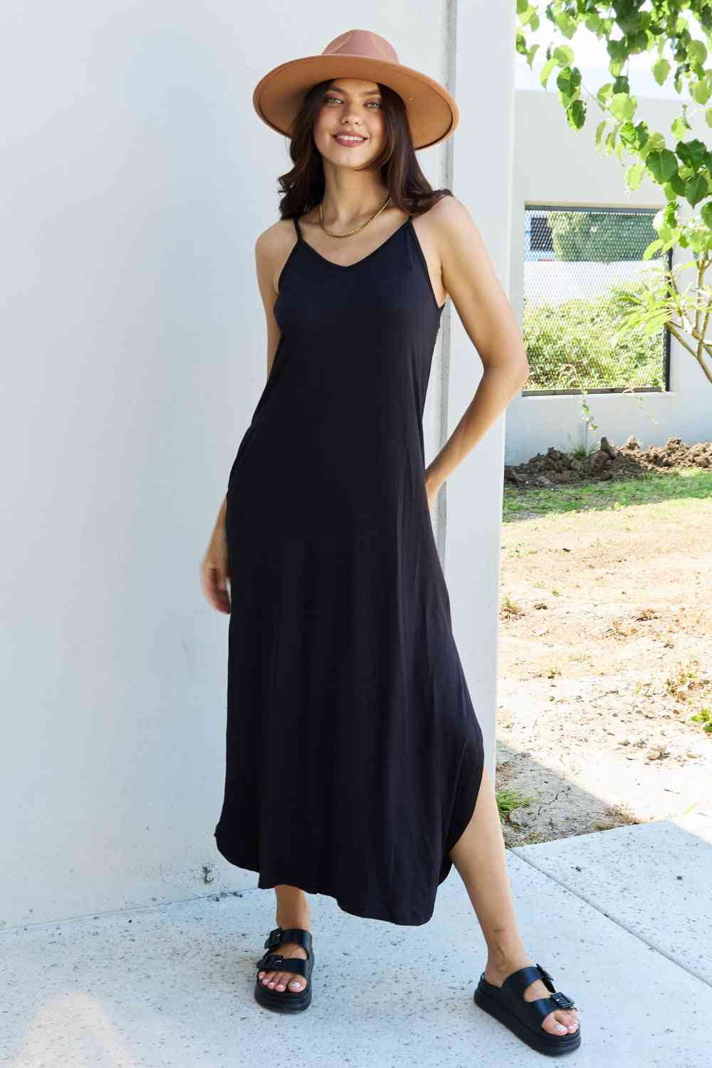 Ninexis Good Energy Full Size Cami Side Slit Maxi Dress in Black-Teresa&#39;s Fashionista LLC