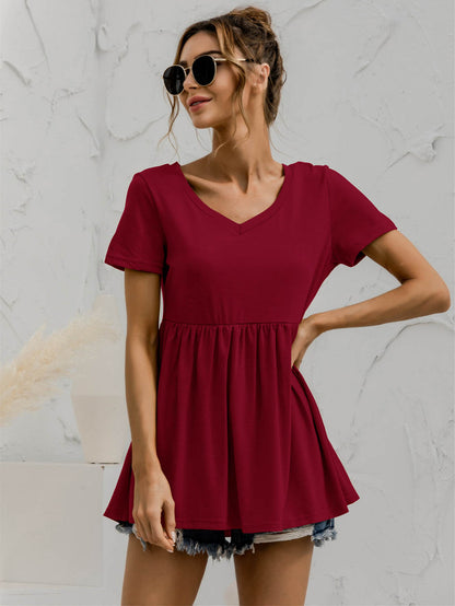 V-Neck Short Sleeve Babydoll Top-Teresa&#39;s Fashionista LLC