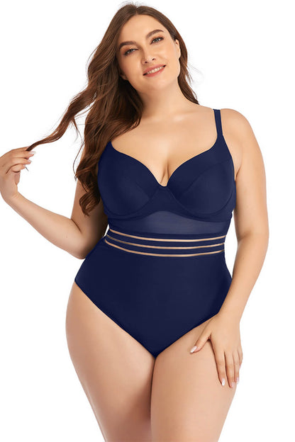 Plus Size Spliced Mesh Tie-Back One-Piece Swimsuit-Teresa&#39;s Fashionista LLC