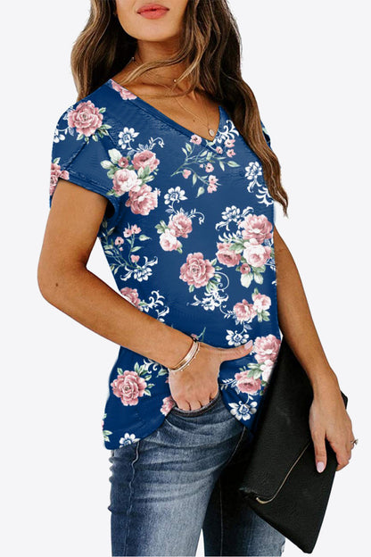 Printed Petal Sleeve V-Neck Blouse-Teresa&#39;s Fashionista LLC