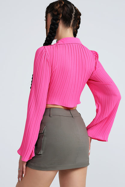 Tie Front Johnny Collar Flare Sleeve Cropped Top-Teresa&#39;s Fashionista LLC