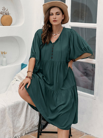 Plus Size Tie Neck Balloon Sleeve Midi Dress-Teresa&#39;s Fashionista LLC