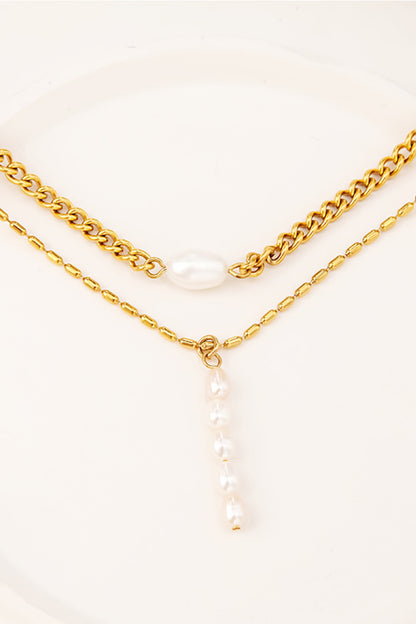 Double-Layered Freshwater Pearl Stainless Steel Necklace-Teresa&#39;s Fashionista LLC