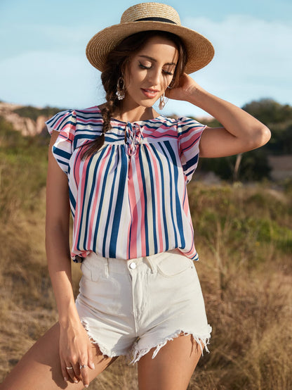 Striped Flutter Sleeve Tied Blouse-Teresa&#39;s Fashionista LLC