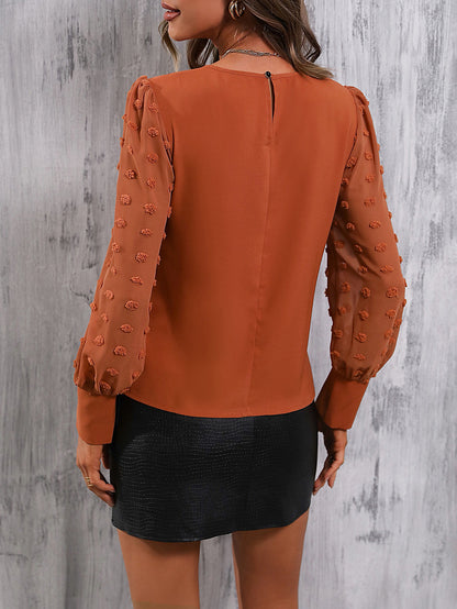 Swiss Dot Lantern Sleeve Round Neck Blouse-Teresa&#39;s Fashionista LLC