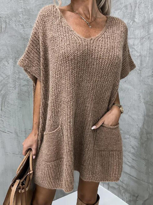 V-Neck Short Sleeve Sweater with Pockets - Teresa's Fashionista LLC