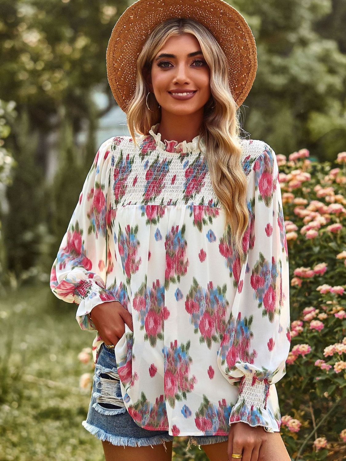 Floral Smocked Lantern Sleeve Blouse-Teresa&#39;s Fashionista LLC