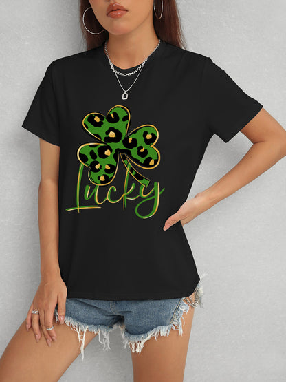 Lucky Clover Round Neck Short Sleeve T-Shirt-Teresa&#39;s Fashionista LLC