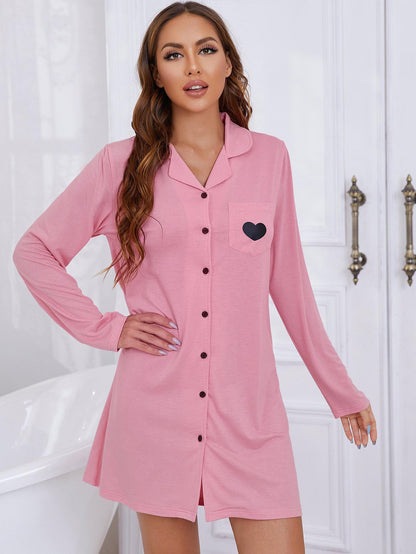 Heart Graphic Lapel Collar Long Sleeve Night Dress-Teresa&#39;s Fashionista LLC