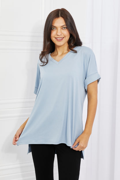 Zenana Simply Comfy Full Size V-Neck Loose Fit Shirt in Blue-Teresa&#39;s Fashionista LLC