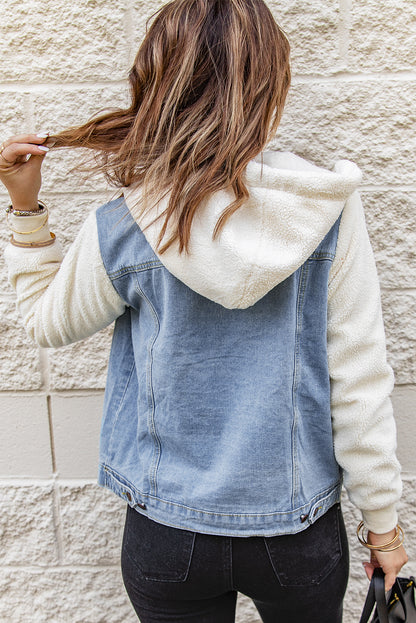 Two-Tone Spliced Denim Sherpa Hooded Jacket-Teresa&#39;s Fashionista LLC