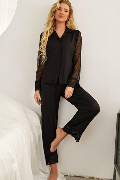 Spliced Lace Lapel Collar Pajama Set-Teresa&#39;s Fashionista LLC