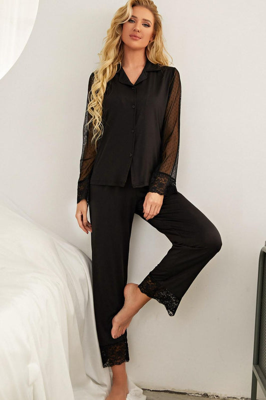 Spliced Lace Lapel Collar Pajama Set - Teresa's Fashionista LLC