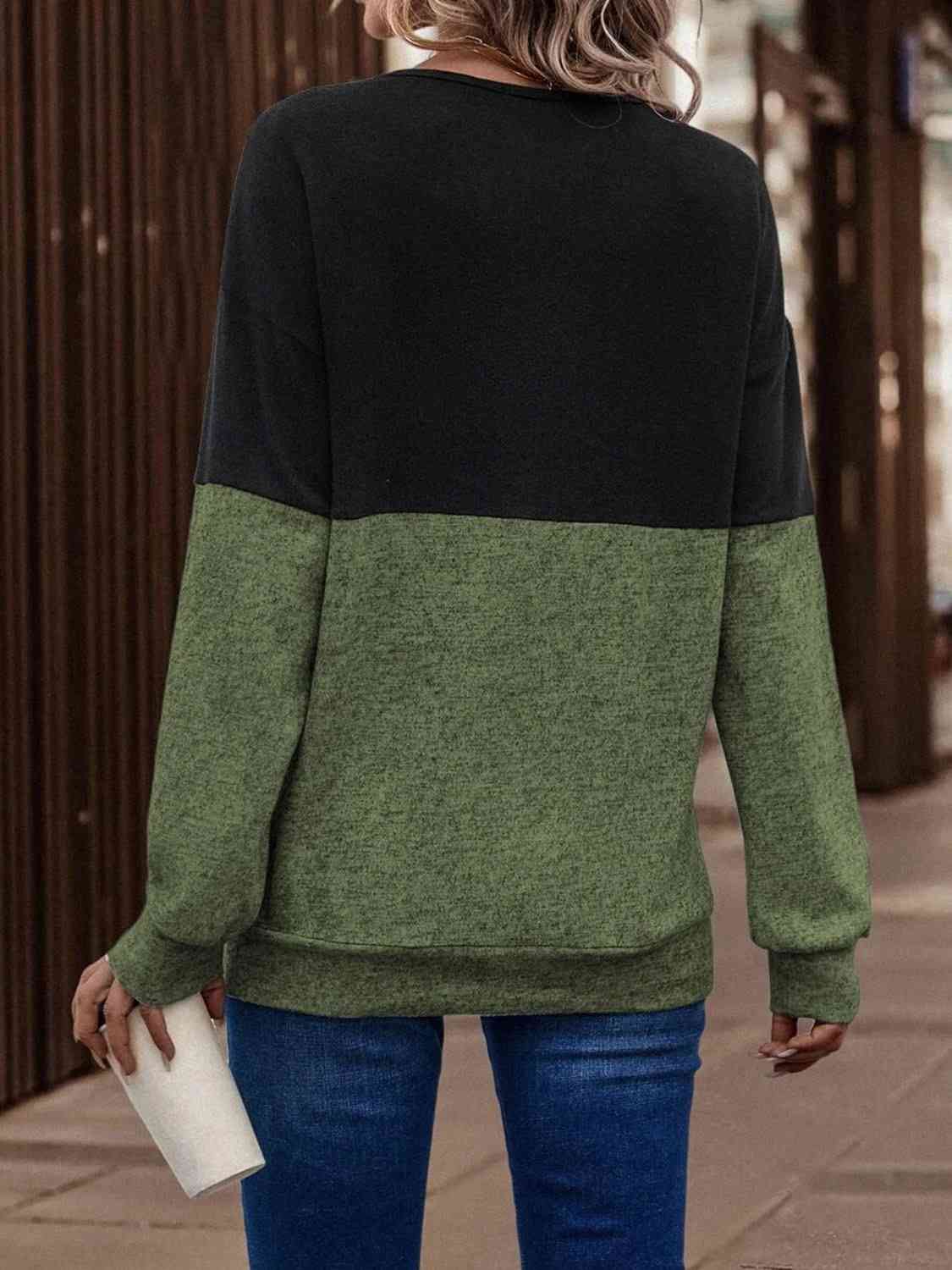 Two-Tone Crisscross Detail Sweatshirt-Teresa&#39;s Fashionista LLC