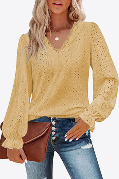 Eyelet V-Neck Flounce Sleeve Blouse-Teresa&#39;s Fashionista LLC