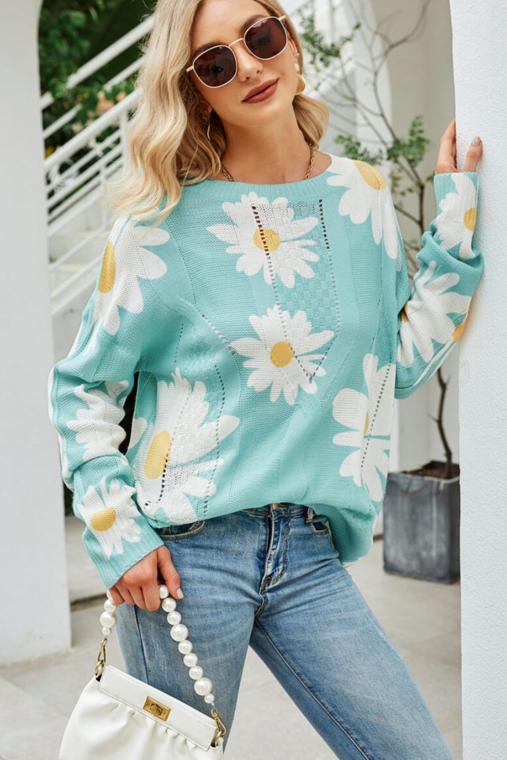 Daisy Print Openwork Round Neck Sweater-Teresa&#39;s Fashionista LLC