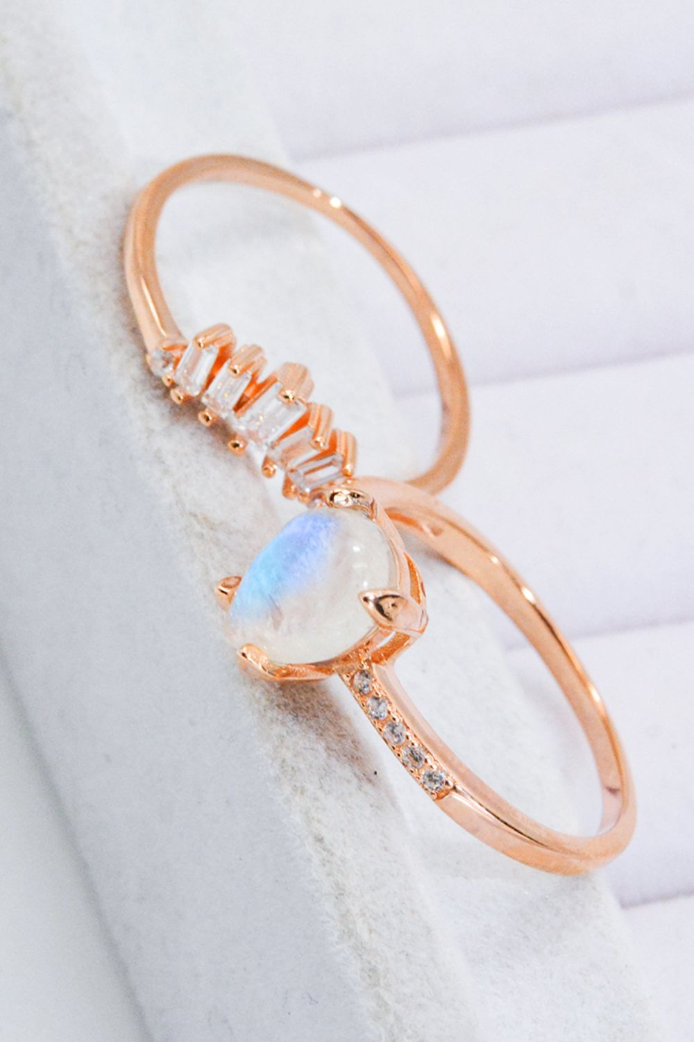 Natural Moonstone and Zircon 18K Rose Gold-Plated Two-Piece Ring Set-Teresa&#39;s Fashionista LLC