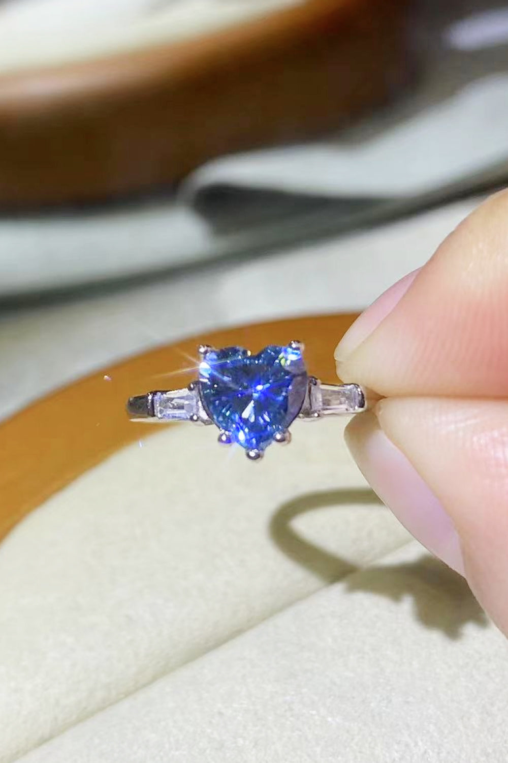 1 Carat Moissanite Heart-Shaped Platinum-Plated Ring in Blue-Teresa&#39;s Fashionista LLC