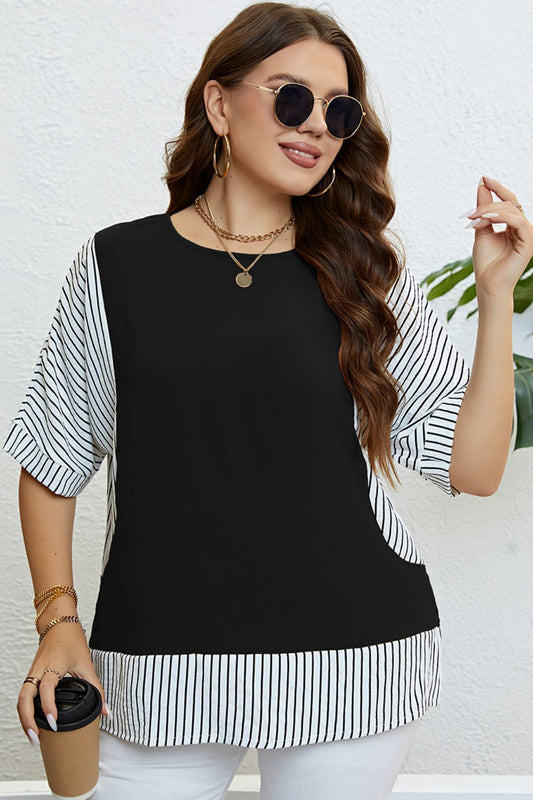 Plus Size Striped Round Neck Half Sleeve Top-Teresa&#39;s Fashionista LLC