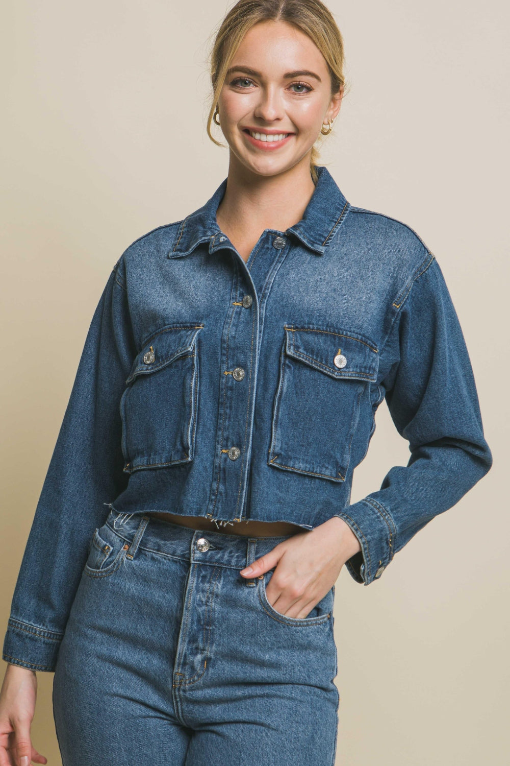 LOVE TREE Raw Hem Button Up Cropped Denim Jacket-Teresa&#39;s Fashionista LLC