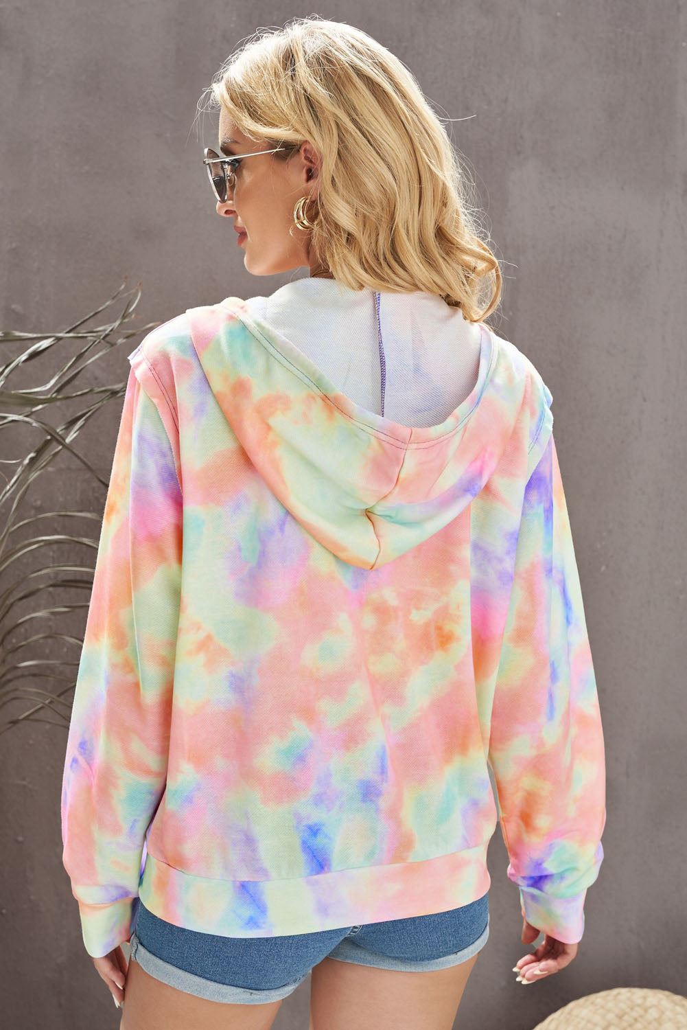 Tie-Dye Drawstring Detail Zip Up Hooded Jacket-Teresa&#39;s Fashionista LLC