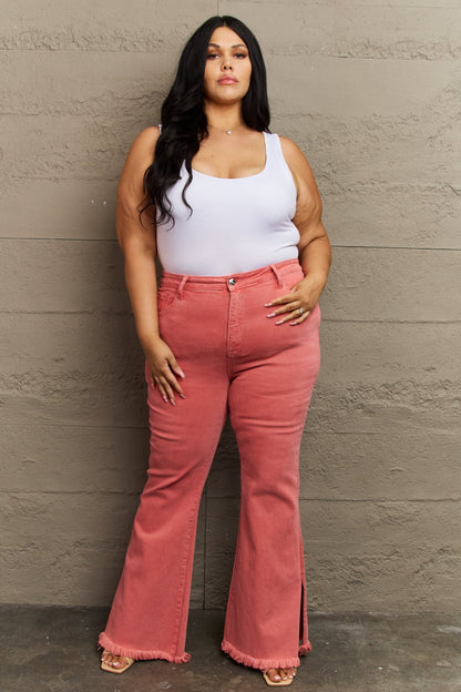 RISEN Bailey Full Size High Waist Side Slit Flare Jeans-Teresa&#39;s Fashionista LLC