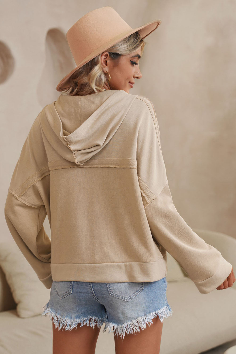 Quarter-Button Exposed Seam Dropped Shoulder Hoodie-Teresa&#39;s Fashionista LLC