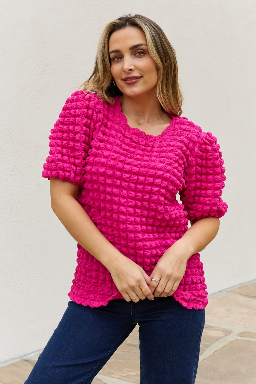 And The Why Full Size Bubble textured Puff Sleeve Top-Teresa&#39;s Fashionista LLC