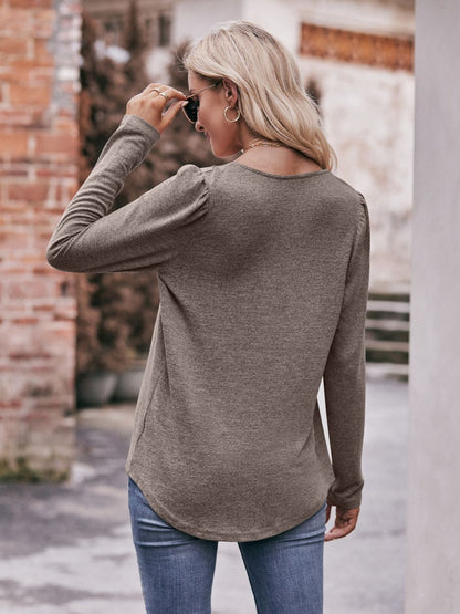 Pleated Detail Curved Hem Long Sleeve Top-Teresa&#39;s Fashionista LLC