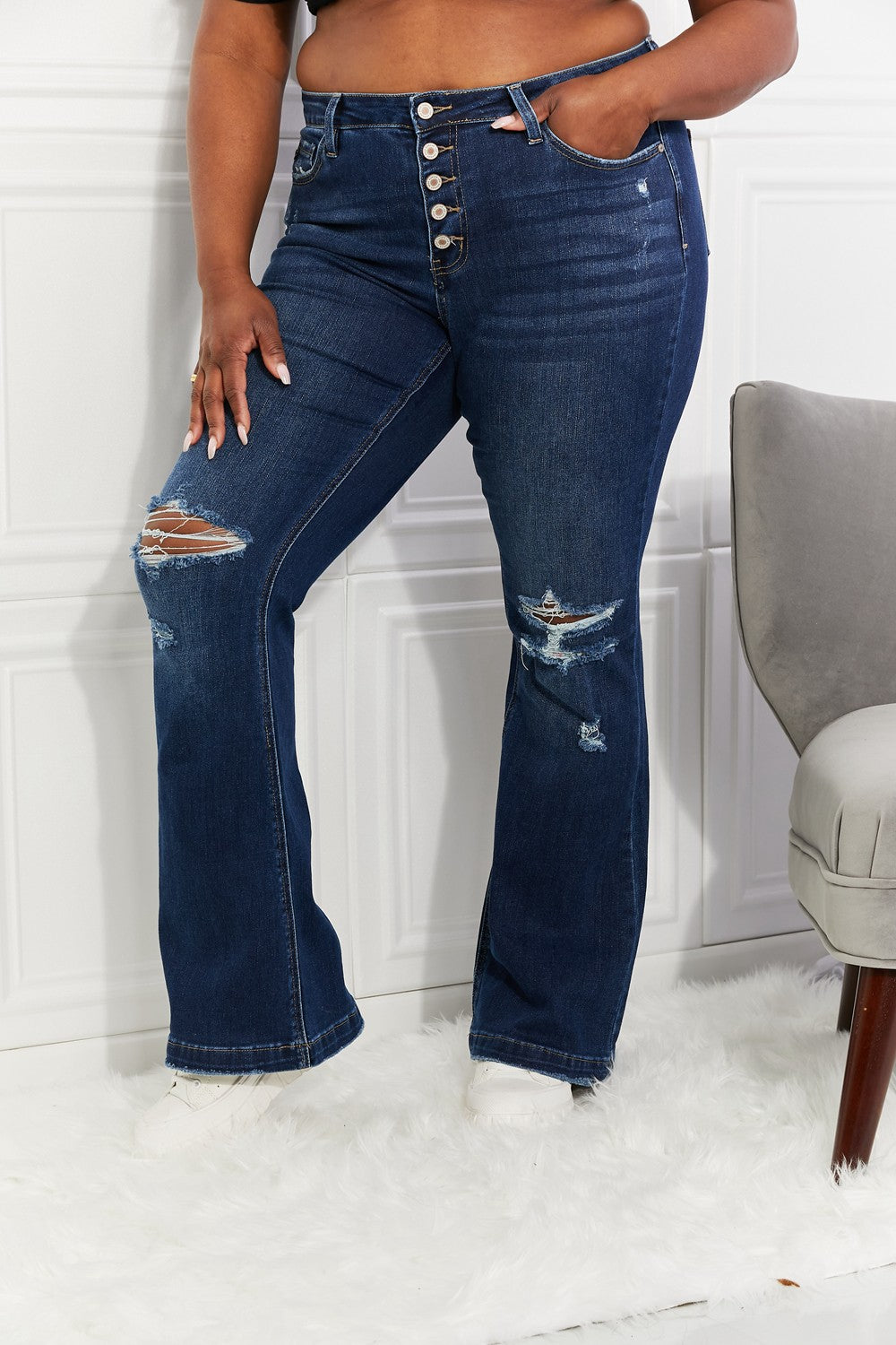 Kancan Full Size Reese Midrise Button Fly Flare Jeans-Teresa&#39;s Fashionista LLC